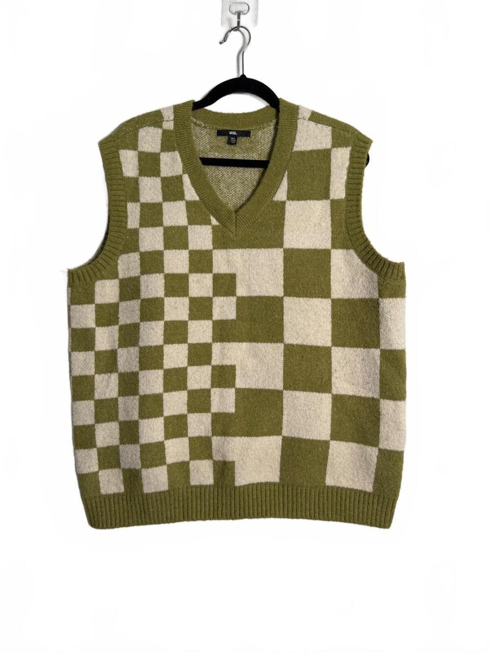 Vans M/L Green and Cream Checkered Knit Sweater Vest